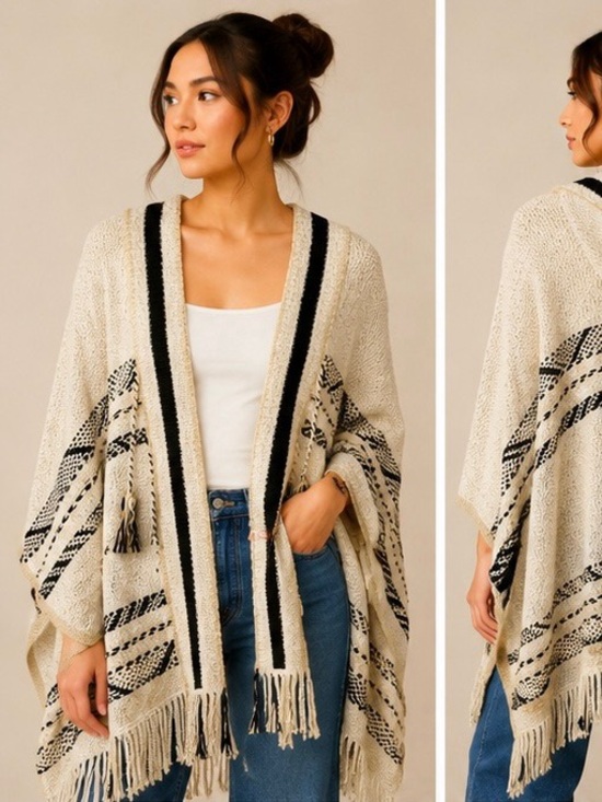 Lucky Brand Sweaters - Lucky Brand Cream and Black Knit Poncho